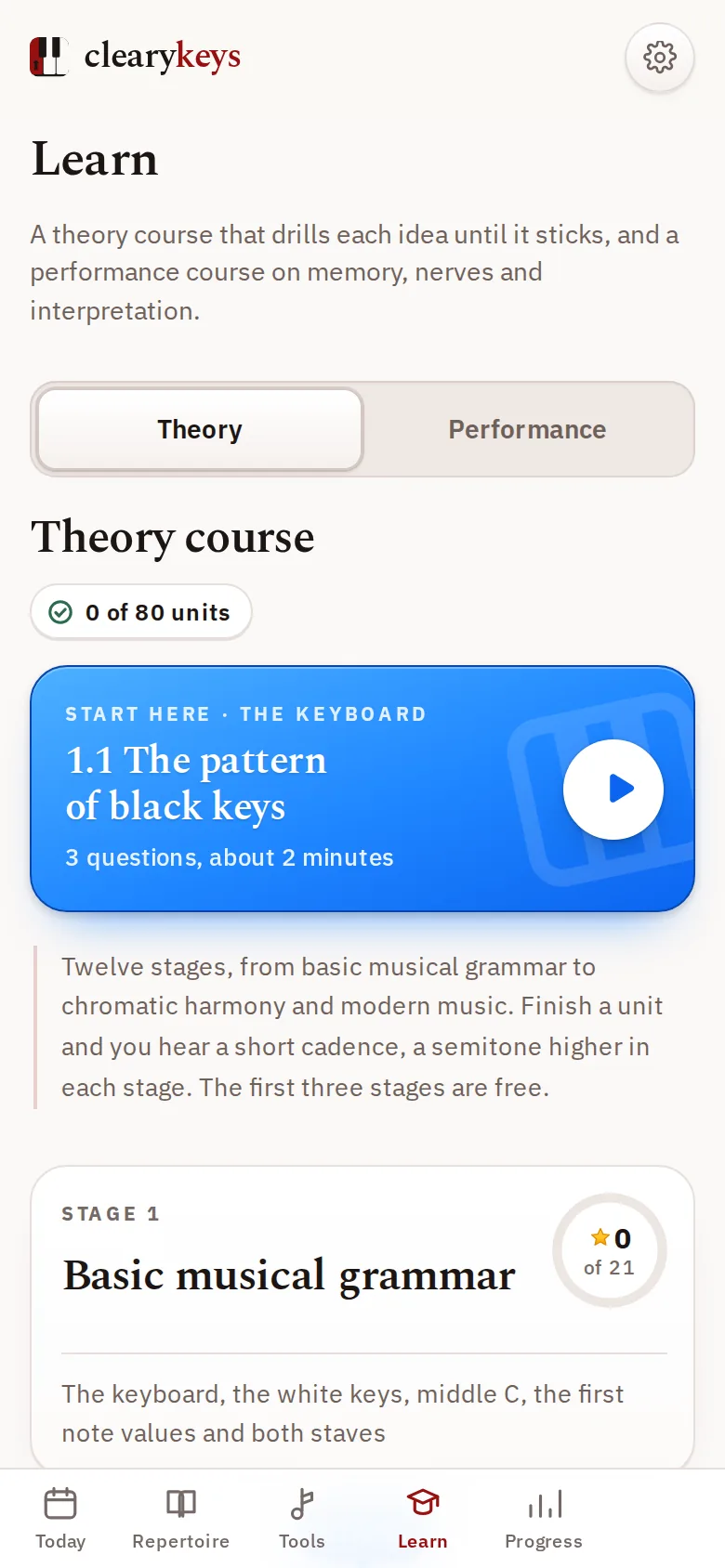 Theory course, 80 units starting with the pattern of black keys