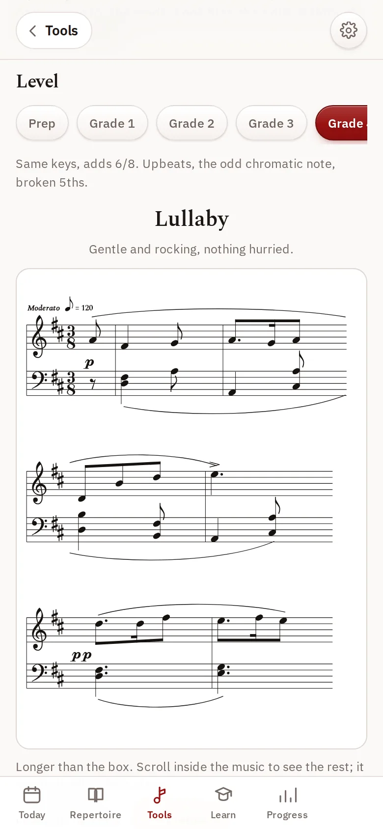 Sight reading screen with a new Grade 4 piece